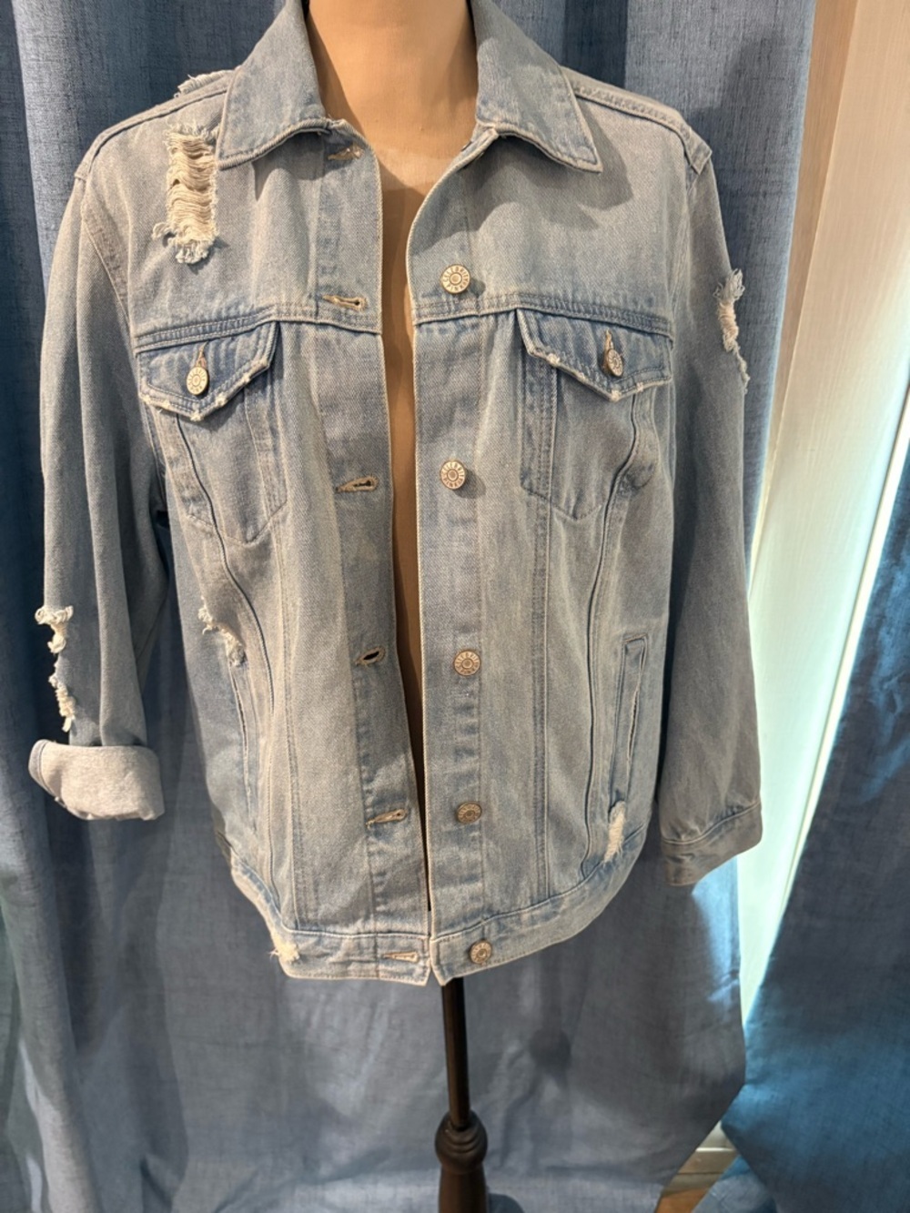 Celebrity Pink Light Blue Distressed Denim Jacket
